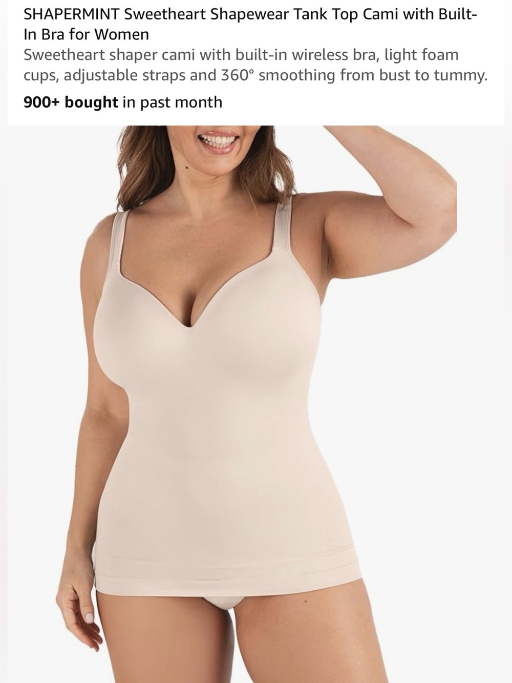 Shapermint Sweetheart Tank Cami in Nude Blush with Built-In Bra